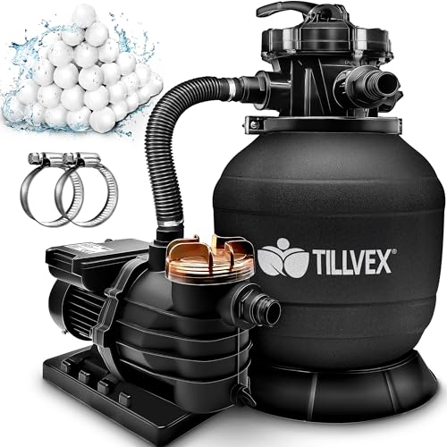 tillvex Sandfilteranlage Pool 10 m³/h inkl. 800g Filterbälle | Filteranlage 7-Wege Ventil & 2in1 Adapter Ø32mm - 38mm | Poolfilter mit Druckanzeige | Sandfilter für Schwimmbecken (Schwarz)