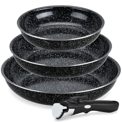 EliteHoff Pfannenset Induktion mit Abnehmbarem Griff, Bratpfanne Set 20/24/28 cm, AntihaftBeschichtung, 4-teiliges Induktionspfannen-Set für alle Herdarten geeignet, Schwarz