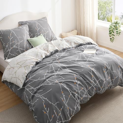BEDSURE Bettwäsche 200x200 3teilig Bettbezug - Bettwäsche-Sets 200 x 200 cm mit 2 Kissenbezüge 65x65 cm, ÖKO-TEX Wendebettwäsche Bedding Muster Grau Zweige für Doppelbett mit Reißverschluss