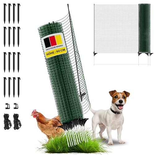 horizont Begrenzungszaun FIX, mobiler Zaun 15 m lang & 90 cm hoch, engmaschig, 9 Pfähle aus Fiberglas, grün, Beetschutz, Gartennetz, ideal für Camping, Hundezaun, Absperrzaun, Steckzaun