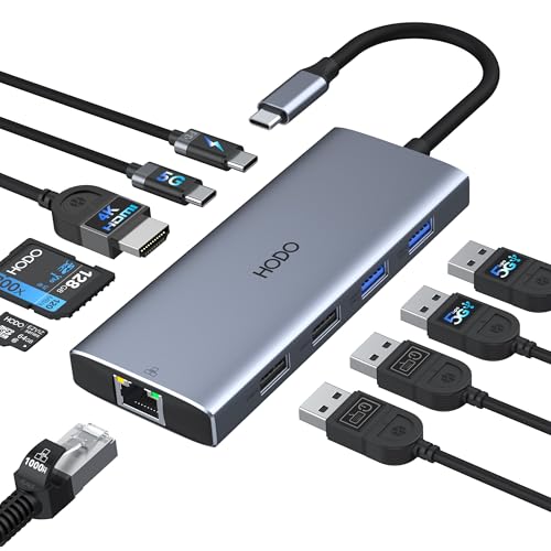 HODO USB C Hub Ethernet für MacBook Air, Adapter Mac Book Zubehör 10 in 1 mit 4K 60Hz HDMI, Ethernet, 100W PD, SD TF Kartensteckplatz, 4USB und USBC Datenport, Type-C Dongle für iPad, Surface