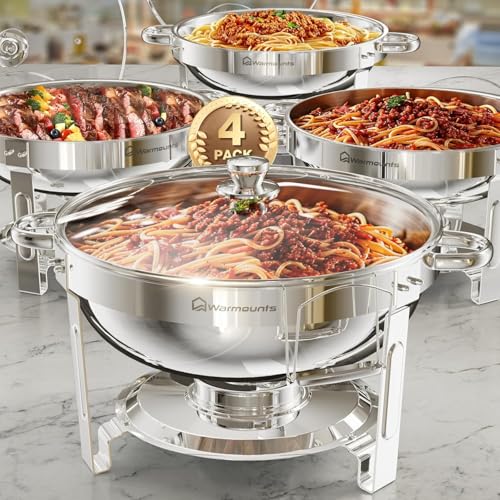 WARMOUNTS 4er Set Chafing Dish Buffet 5L, Rund Speisenwärmer für Catering mit Glasdeckel & Deckelhalter, Hochglanzpoliert Edelstahl, Lebensmittelecht für Feiern, Hochzeit, Events, Camping, Dinner