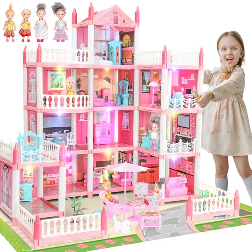 3-stöckiges Puppenhaus mit 11 Zimmern und Zubehör, LED-Licht, Puppen, Spielmatte, Haustier-Spielhaus – Spielzeuggeschenk für Mädchen ab 3-13 Jahren