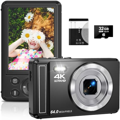 4K Digitalkamera mit 32 GB TF-Karte 64 MP Autofokus Fotoapparat mit 16X Digitalzoom Tragbar Kompaktkamera mit wiederaufladbare1200mAh Batterie, USB-Kabel, für Teenager Erwachsene Anfänger
