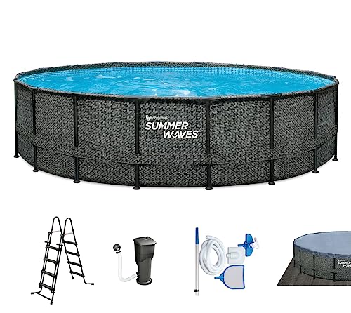 Summer Waves Frame Pool Komplettset | Rund 549x132 cm Rattan Optik Grau | Aufstellpool Set | Gartenpool & Schwimmbecken inkl. Filterpumpe, Bodenvlies, Abdeckplane & Einstiegsleiter