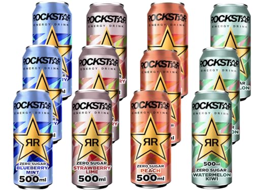 Rockstar Energy Drink Zero Sugar 12x500ml – Zuckerfreier Energy Drink Mix mit Blueberry Mint, Peach, Strawberry Lime & Watermelon Kiwi – Koffeinhaltige Erfrischung