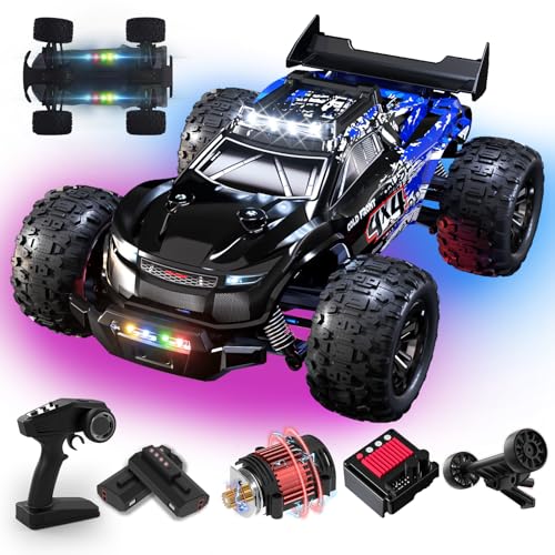 RC Auto Brushless 60KM/H, 1/14 Ferngesteuertes Auto Erwachsene mit 7 Farben Lichtern, Aufrüstbar auf 3S 75KM/H, Monstertruck Ferngesteuert mit 2X 2000mAh-Akku, Ferngesteuertes Auto ab 8 10 11 12 Jahre