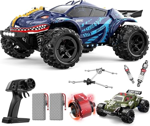 DEERC 9308E Ferngesteuertes Auto 1:16 All Terrain Fast RC Monster Truck 40 KPH, 2,4 GHz 4WD High Speed ​​Dinosaurier ferngesteuertes Auto Offroad, 2 Batterien, 2 Autogehäuse, Spielzeuggeschenk Kinder