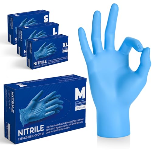 The Real Touch Einweghandschuhe, Blau Nitrilhandschuhe - Box mit 100 Stück, Einmalhandschuhe Puderfrei und Latexfrei, Nitril Handschuhe Einweg für Küche und Reinigung (Blau, M)