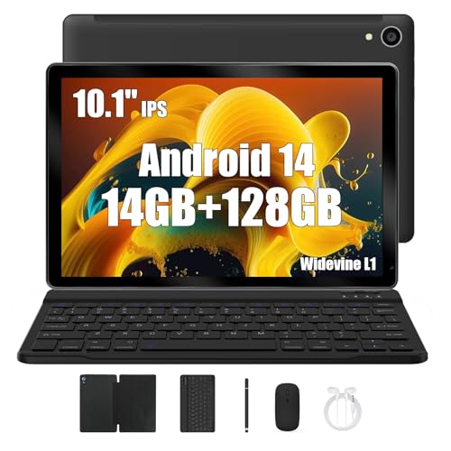 Yicty Android 14 Tablets 10 Zoll Tablet PC, 14(4+10) GB RAM+128GB ROM(1TB TF), Octa Core 2.0 GHz/1280 * 800 HD IPS/WiFi 6/BT 5.3/5000mAh/5MP+8MP/OTG/Typ C Kopfhöreranschluss,Tablet mit Tastatur