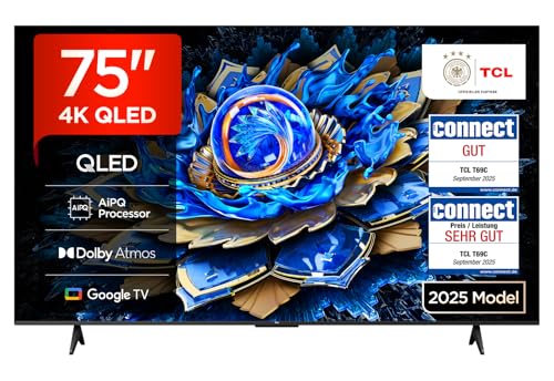 TCL 75T69C 75 Zoll QLED, Direct LED TV, 4K HDR TV, Smart Google TV (Dolby Vision & Atmos, Motion Clarity, Kompatibel mit Google Assistant & Alexa)