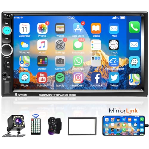 Podofo 2 Din Autoradio mit Bildschirm 7'' Mirror Link Für IOS/Android Bluetooth Freisprecheinrichtung FM Radio USB Lenkradsteuerung 7 Farbtaste AUX-IN mit 12LED Rückfahrkamera
