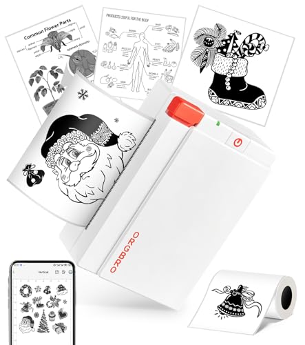 ORGBRO Mini Drucker für Smartphone, X3 Sticker Drucker Bluetooth mit 1 Rolle Aufkleber Papier, 300DPI Mini Printer Etikettendrucker Tragbarer Thermodrucker für Studie Notizen & Fotos, Weiß