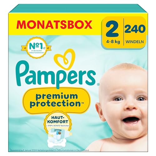 Pampers Premium Protection Größe 2, 240 Windeln, 4kg-8kg, Doppelter Schutz für die Haut und vor Auslaufen