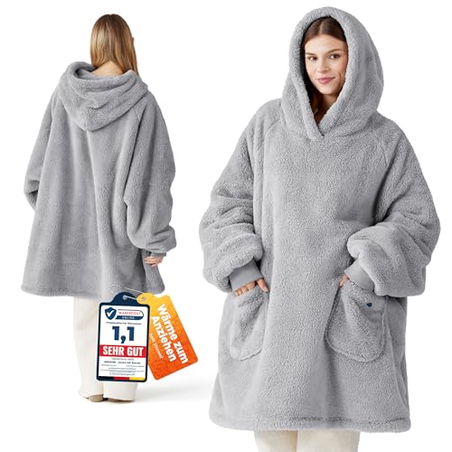 BEDSURE Hoodie Decke mit Ärmeln - Kuschelpullover als Geschenke für Frauen - Tragbare Decke zum Anziehen Erwachsene Kuscheldecke mit Ärmeln Weich Warm Geschenke für Freundin Mütter, Grau 95x85 cm