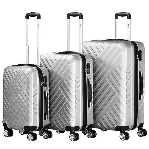 Zelsius Koffer Set 3 Stück, Grau | ABS Hartschalenkoffer mit Zahlenschloss, Doppelrollen und Innen Trennwand | Handgepäckkoffer, Hartschalenkoffer Set 3 teilig, Trolley, Koffer Groß, Luggage Set