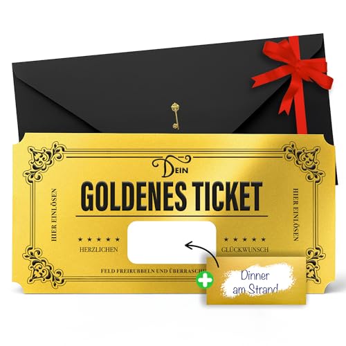 Goldenes Ticket Gutschein zum selber ausfüllen mit Rubbelaufkleber – Gutscheinkarten zum Selbstausfüllen, Rubbelkarten zum selber beschriften, Weihnachtskarten, Geburtstagskarte, Reisegutschein