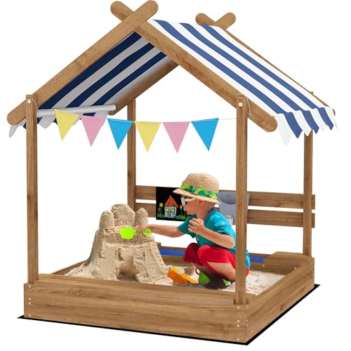Outsunny Sandkasten mit Dach, Sandkiste aus Holz mit Sitzplatz, Spielhaus, 124 x 116 x 146 cm Sandbox mit Tafel für 3-7 Jahre Kinder, Garten, Braun