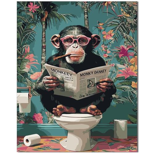Qiukoo Malen nach Zahlen Erwachsene – Lustiges Affenmotiv auf Toilette, 40x50 cm Ohne Rahmen – DIY Malset für Erwachsene & Anfänger, Entspannendes Bastelset mit Zahlenfeld, Geschenk & Deko