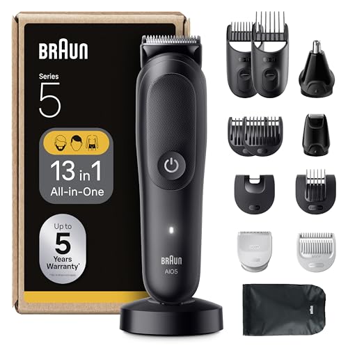 Braun All-in-One Series 5, 13-in-1 Multigroom, Barttrimmer, Nasenhaartrimmer, Haarschneidemaschine für Gesicht, Kopf und Körper, 120 Min Akku, 14 Längen (0.5–21 mm), Wasserdicht, AIO5565, Schwarz