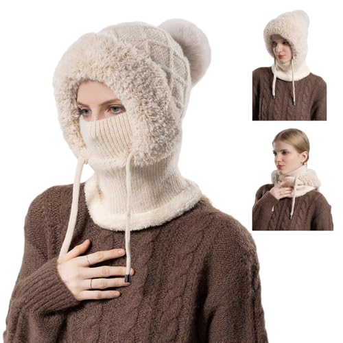 Toerjii Wintermütze Damen,Balaclava Damen,3 in 1 Beanie Mütze Warm Strickmütze & Halswärmer Sets,Multifunktional Verstellbar Gesichtsmaske für Täglich und im Freien (Beige)
