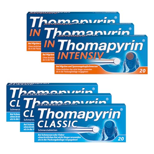Thomapyrin CLASSIC bewährte 3-fach Kombination bei akuten Kopfschmerzen 3 x 20 Stk + Thomapyrin INTENSIV hochdosierte 3-fach Kombination bei Migräne und intensiveren Kopfschmerzen | Vorteils-Packung