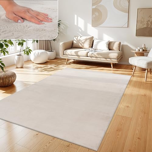 Paco Home Teppich Wohnzimmer Kunstfell weich waschbar modern elegant pflegeleicht Felloptik Uni Seidenglanz flauschig Kurzflor, Grösse:160x220 cm, Farbe:Creme