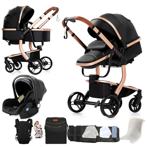 Magic ZC PU-Leder Kinderwagen 3 in 1, Kinderwagen Set Umkehrbarem Doppelschiebemodus, Kombikinderwagen 3 in 1 Großer Babywanne, Buggy Rahmen Aluminiumlegierung Hohe Landschaft (L518 Black)