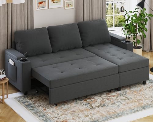 Devoko Ecksofa mit Schlaffunktion und Bettkasten 3 Sitzer Schlafsofa Ausziehbar L Form Couch klein Schlafcouch Wohnlandschaft für Wohnung und Wohnzimmer Dunkelgrau