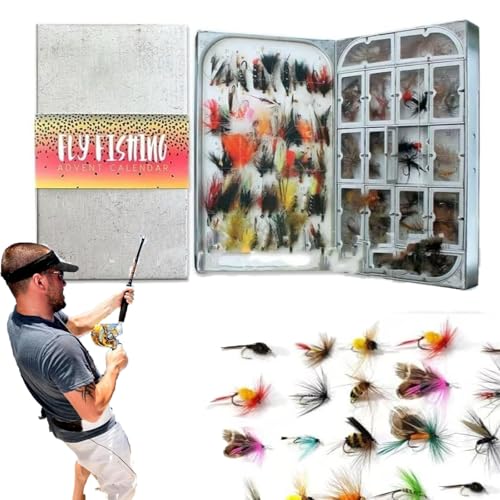 2025 Fliegenfischen Adventskalender, 24 Tage Angelkalender mit Ködern & Haken, Angel Adventskalender für Männer, Angelkalender mit täglichen Überraschungen