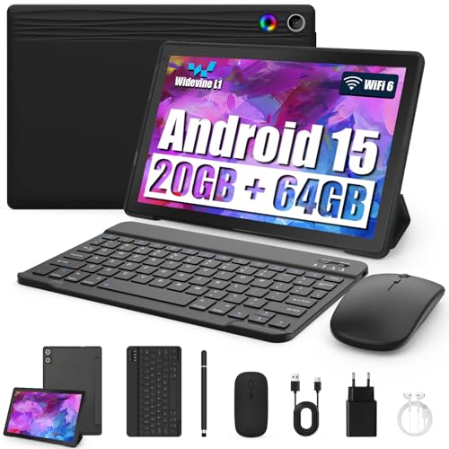 Tablet 10 Zoll 8-in-1 Kit Android 15 Tablet PC mit Hülle Tastatur Maus Stift Kopfhörer Netzstecker Kabel Octa-Core 20 GB RAM 64 GB ROM 1TB TF Erweiterbar 1280x800 IPS Touchscreen 5000 mAh (Schwarz)