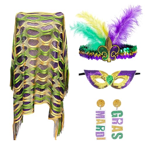 Aurihxus Karneval Hippie Durchbrochener Umhang Kostüm, Durchbrochene Karnevalkostüm Damen Masquerade, Federn Haarband, Alphabet Ohrringe, Karneval Augenmaske, Masquerade Party Kostüm für Erwachsene