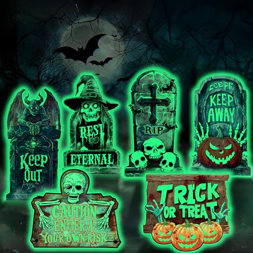 Pourbibi Halloween Deko Outdoor, 6 Stück Halloween Grabstein Deko, Fluoreszierender Grabstein Friedhof Deko Requisiten, Halloween Yard Signs Schild Deco, Simulation Halloween Grabstein