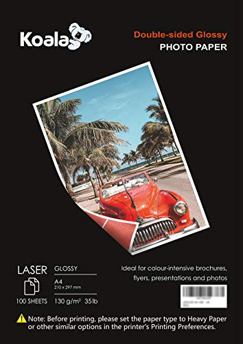 KOALA Fotopapier für Laserdrucker, Doppelseitig, Glänzend, A4, 130 g/m², 100 Blatt. Geeignet zum Drucken von Fotos, Zertifikaten, Broschüren, Flyern, Faltblättern, Grußkarten, Kalendern, Kunst