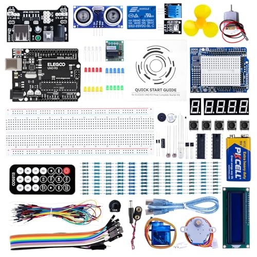 ELEGOO UNO R3 Starter Kit kompatibel mit Arduino IDE Projekt Einsteigerset mit Tutorial auf Deutsch, Mikrocontroller, 5V-Relais, Stromversorgungsmodul, Servomotor, Erweiterungsplatine usw.