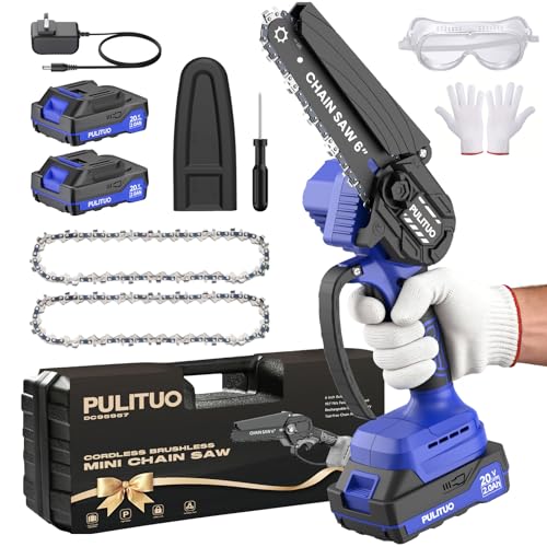 PULITUO Mini Kettensäge Akku, 6 Zoll Kabellos mit Bürstenlosem Motor, 2 * 2.0Ah Akkus & 2 Ketten, Leichte Hand-Kettensäge mit Sicherheitssperre für Baum-& Gartenarbeit, Holzschneiden