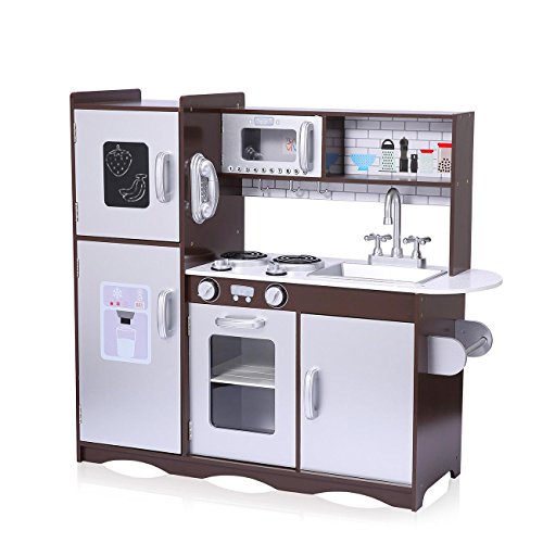 Baby Vivo Kinderküche Spielküche aus Holz Kinderspielküche Küche Holzküche Spielzeugküche mit Tafel - Toni in Braun