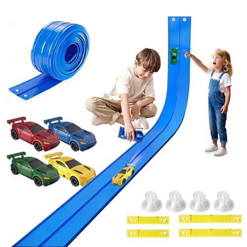 RedCrab Flexible Rennbahn für Kinder, 5m Lange Flexible Autorennbahn mit 4 Autos und 4 Saugnäpfen, Kompatibel mit Diecast-Modellautos im Maßstab 1:64, Zusammenrollbare Tragbare Rennbahn für Kinder