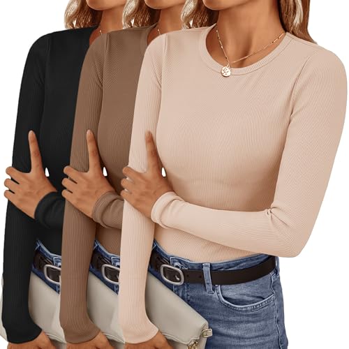 Ekouaer 3 Pack Langarmshirt Damen Rundhlas Basic Tops Unterhemd Layer Tee Warm Thermo Oberteil Slim Fit, Schwarz + Braun + Beige, M