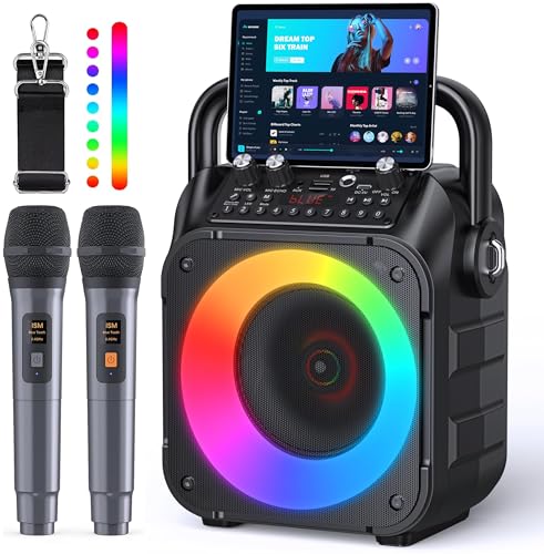 Wowstar Karaoke Maschine mit 2 Mikrofone, Tragbaren Bluetooth Lautsprecher Box für Erwachsene/Kinder mit Lichteffekte PA Komplettsets, Unterstützt TF/USB, FM, AUX in, TWS für Party