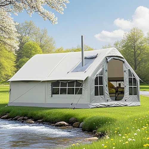 Aufblasbares Zelt, Zelt Aufblasbar mit Ofenloch & Luftpumpe, 4-Saison Luftzelt für Camping 6-8 Personen, Familienzelt Gampingzelt Glampingzelt Großes Zelte Haus Schnellaufbau (Grey 1)