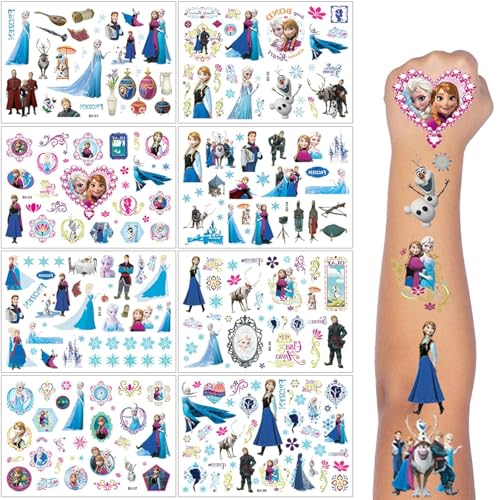 ROMANVIC Elsa Tattoo Kinder,8 Blätt Frozen Temporäre Klebetattoos,Anna und Elsa Geschenke,180+ Frozen Tattoos für Kindergeburtstag Party Deko Hautfreundliche Temporäre Kindertattoos