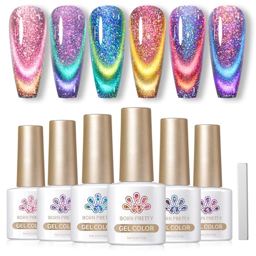 Born Pretty Cat Magnetic U V Gel 9D Chamäleon UV Nagellack Magnetisch Set 6 Farben Glitzer Gellack Katzenauge Soak Off UV Gelpolitur mit Magnetstift