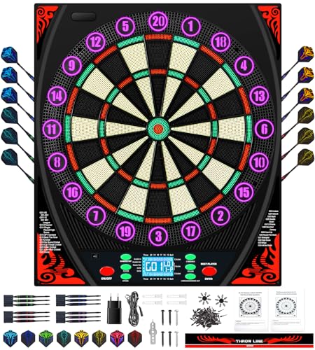 Mejasg Dartscheibe Elektronisch mit Deutsche Stimme, Beleuchteter Zahlenring und LCD-Bildschirm, Elektronische Dartscheibe mit 34 Spiele und 369 Variationen, Elektronische Dartboard für Erwachsene