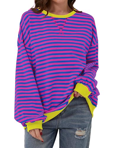 Chicrise Sweatshirt Damen Oversized Striped Langarmshirt Gestrickt Rund Ausschnitt Oberteile Rosa-Blau Gestreift X-groß 46-48