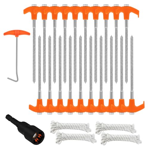 ROSYLEVE 20 Stück Zeltheringe Set, Schraubheringe, Robuste Stahl-Heringe, Drehbare Zeltheringe mit Gewinde und Seil, Schraubheringe Camping, Gewinde Drehzelthaken für Harten Boden,Wald, Wiesen