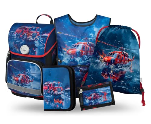 Baagl Schulranzen Jungen Set 5 Teilig (Ergo Schultasche für 1. Klasse, Mäppchen, Turnbeutel, Schürze, Brustbeutel), Grundschule Ranzen, Ergonomischer Schulrucksack, 19 l (Lebensretter)