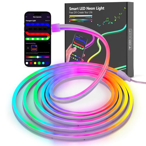 Kangtaixin Neon LED Strip 3m, Flexible LED Streifen mit App-Steuerung, 5V RGB LED Band Seil Lampe, DIY-Formen, Musik Sync, Neon Lichtband für Wohnzimmer, Schlafzimmer, Wand, Gaming Deko