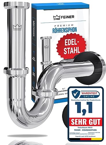 FEINER® Premium Universal Siphon für Waschbecken EDELSTAHL vormontiert – nur noch zusammenschrauben, Waschbecken Ablaufgarnitur 1 1/4“ Chrom, verstellbar 2–12 cm, Gratis-Dichtungen + Montage-Video