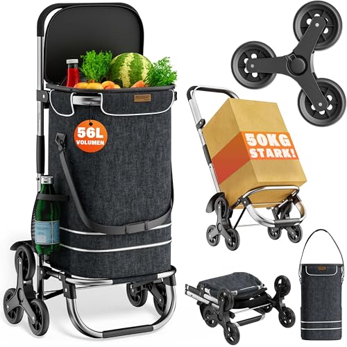 MONZANA® 3in1 Einkaufstrolley 56L bis 50 kg klappbar abnehmbare Tasche 6 Rollen Tragegurt Treppensteiger Einkaufswagen Einkaufshilfe Trolley Schwarz Meliert